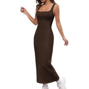 imageVerdusa Womens Casual Sleeveless Square Neck High Waist Rib Knit Tank Long DressCoffee Brown