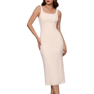 imageVerdusa Womens Casual Sleeveless Square Neck High Waist Rib Knit Tank Long DressLight Apricot