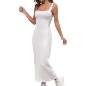 imageVerdusa Womens Casual Sleeveless Square Neck High Waist Rib Knit Tank Long DressSolid White