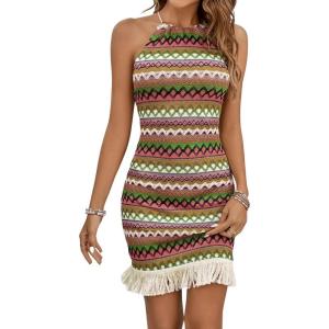 imageVerdusa Womens Sleeveless Halter Neck Striped Chevron Print Fringe Hem Boho Cami Mini DressGreen