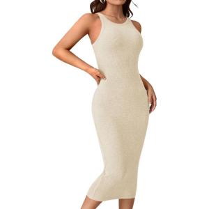 imageVerdusa Womens Fall Dress Sleeveless Ribbed Knit Midi Tank Dress Wedding Guest Dress Sweater DressesLight Beige
