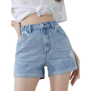 imageVerdusa Girls Roll Up Hem Elastic Waist Ripped Denim Shorts Cuffed Jean ShortsLight Wash