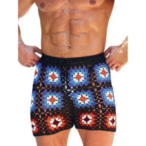imageVerdusa Mens Colorblock Hollow Out Drawstring Waist Knit Crochet Shorts