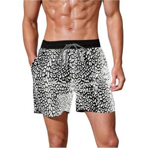 imageVerdusa Mens Leopard Print Drawstring Waist Swim Trunks Beach ShortsBlack and White