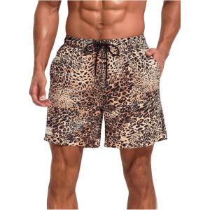imageVerdusa Mens Leopard Print Drawstring Waist Swim Trunks Beach ShortsBrown Cheetah