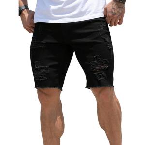 imageVerdusa Mens Straight Leg Ripped Raw Trim Denim Shorts Slim Fit Stretch Jean ShortsBlack