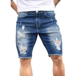 imageVerdusa Mens Straight Leg Ripped Raw Trim Denim Shorts Slim Fit Stretch Jean ShortsBlue