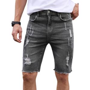 imageVerdusa Mens Straight Leg Ripped Raw Trim Denim Shorts Slim Fit Stretch Jean ShortsGrey