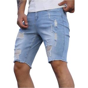 imageVerdusa Mens Straight Leg Ripped Raw Trim Denim Shorts Slim Fit Stretch Jean ShortsLight Blue