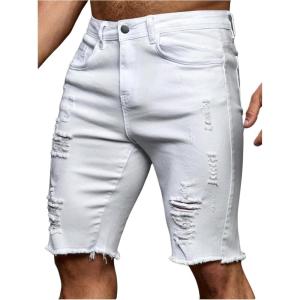 imageVerdusa Mens Straight Leg Ripped Raw Trim Denim Shorts Slim Fit Stretch Jean ShortsWhite