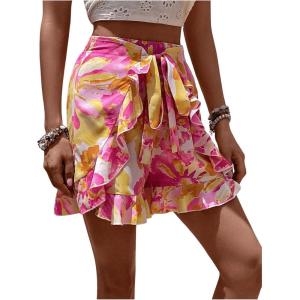 imageVerdusa Womens Floral Print Ruffle Trim Tie Front Shorts Elastic Waist Summer Boho ShortMulticolor