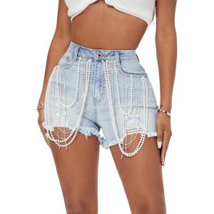 imageVerdusa Womens Rhinestone Pearl Beaded Frayed Raw Hem Denim Shorts