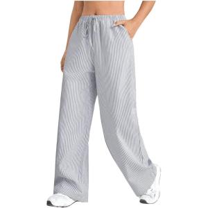 imageVerdusa Stiped High Waist Pants for Women Loose Lounge Straight Leg Trousers with PocketGrey