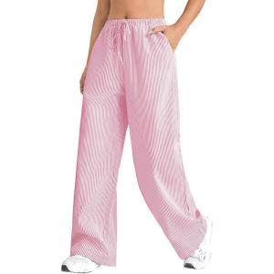 imageVerdusa Stiped High Waist Pants for Women Loose Lounge Straight Leg Trousers with PocketPink