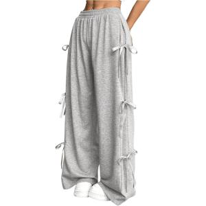 imageVerdusa Womens Bow Wide Leg Sweatpants Elastic Waist Casual Baggy Pants with PocketLight Grey