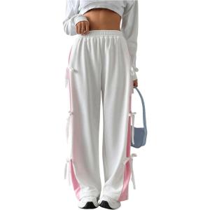 imageVerdusa Womens Bow Wide Leg Sweatpants Elastic Waist Casual Baggy Pants with PocketWhite