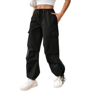 imageVerdusa Womens Drawstring Waist Side Pocket Joggers Cargo Pants Loose Long TrousersBlack
