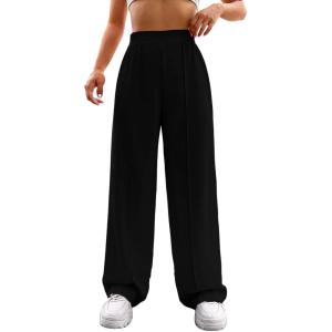 imageVerdusa Womens Elastic High Waist Solid Straight Leg Pants Casual Long TrousersBlack