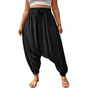 imageVerdusa Womens Plus Size Baggy Harem Pants Elastic Waist Loose Pant TrousersBlack