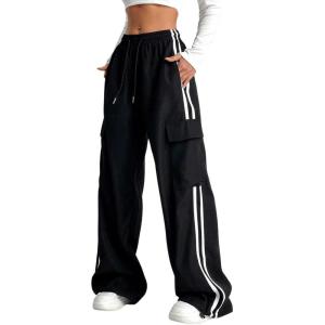 imageVerdusa Womens Cargo Pants Baggy Straight Wide Leg Athletic Pants Striped Bottoms StreetwearBlack