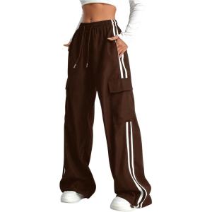 imageVerdusa Womens Cargo Pants Baggy Straight Wide Leg Athletic Pants Striped Bottoms StreetwearBrown