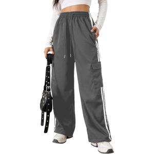 imageVerdusa Womens Cargo Pants Baggy Straight Wide Leg Athletic Pants Striped Bottoms StreetwearGrey