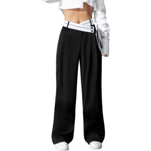 imageVerdusa Womens Color Block Asymmetrical High Waist Button Trousers Straight Leg Long PantsBlack and White