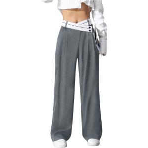 imageVerdusa Womens Color Block Asymmetrical High Waist Button Trousers Straight Leg Long PantsGrey