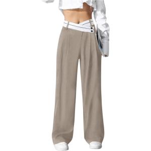 imageVerdusa Womens Color Block Asymmetrical High Waist Button Trousers Straight Leg Long PantsKhaki