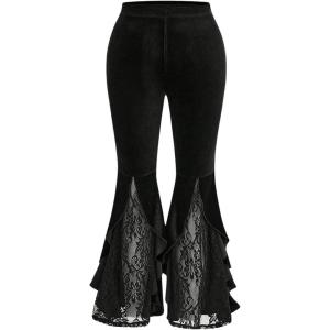imageVerdusa Womens Plus Size Ruffle Trim Lace Velvet Pants Elastic Waist Wide Leg Palazzo PantsBlack