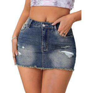 imageVerdusa Womens Y2K Low Waist Ripped Raw Trim Denim Bodycon Pencil Mini SkirtMedium Wash