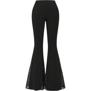 imageVerdusa Womens Bell Bottom Wide Leg Lace Pants Y2K Mesh Goth Flare Pants Party ClubwearBlack