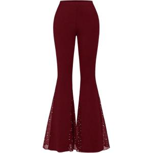 imageVerdusa Womens Bell Bottom Wide Leg Lace Pants Y2K Mesh Goth Flare Pants Party ClubwearBurgundy