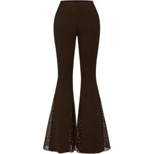 imageVerdusa Womens Bell Bottom Wide Leg Lace Pants Y2K Mesh Goth Flare Pants Party ClubwearCoffee Brown