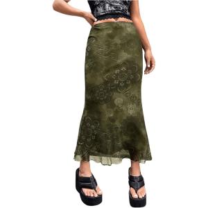 imageVerdusa Womens Lettuce Trim High Waist Mesh Fishtail Bodycon Long SkirtArmy Green