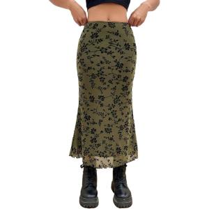 imageVerdusa Womens Lettuce Trim High Waist Mesh Fishtail Bodycon Long SkirtArmy Green Floral