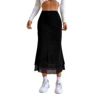 imageVerdusa Womens Lettuce Trim High Waist Mesh Fishtail Bodycon Long SkirtBlack