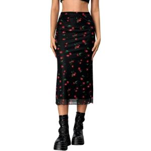 imageVerdusa Womens Lettuce Trim High Waist Mesh Fishtail Bodycon Long SkirtBlack and Red