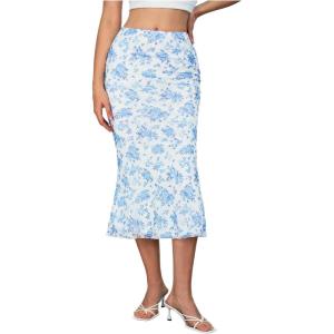 imageVerdusa Womens Lettuce Trim High Waist Mesh Fishtail Bodycon Long SkirtBlue and White