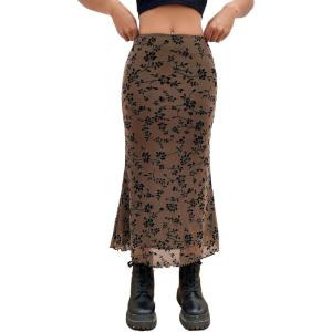imageVerdusa Womens Lettuce Trim High Waist Mesh Fishtail Bodycon Long SkirtBrown Floral
