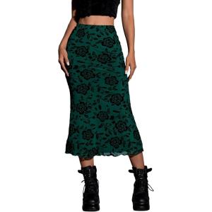 imageVerdusa Womens Lettuce Trim High Waist Mesh Fishtail Bodycon Long SkirtDark Green Floral