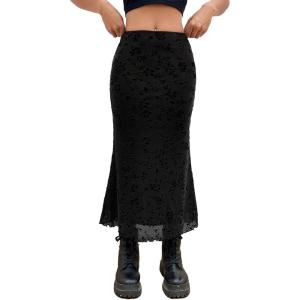 imageVerdusa Womens Lettuce Trim High Waist Mesh Fishtail Bodycon Long SkirtFloral Black