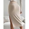 imageVerdusa Womens High Waist Slit Hem Rib Knit Midi Bodycon SkirtBeige Solid