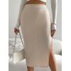 imageVerdusa Womens High Waist Slit Hem Rib Knit Midi Bodycon SkirtBeige Solid