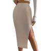 imageVerdusa Womens High Waist Slit Hem Rib Knit Midi Bodycon SkirtBeige Solid