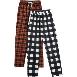 imageVerdusa Mens 2 Pack Plaid Print Elastic Waist Sleep Pants Pajama BottomOrange Black White