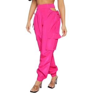 imageVerdusa Womens Cut Out Knot Side High Waist Cargo Jogger Long Pants with PocketHot Pink
