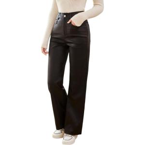 imageVerdusa Womens High Waist Leather Leggings Pocket Straight Wide Leg PU PantsBlack