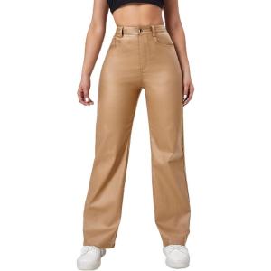 imageVerdusa Womens High Waist Leather Leggings Pocket Straight Wide Leg PU PantsKhaki