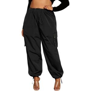 imageVerdusa Womens Plus Size Drawstring Elastic Waist Loose Cargo Pant Long TrousersBlack